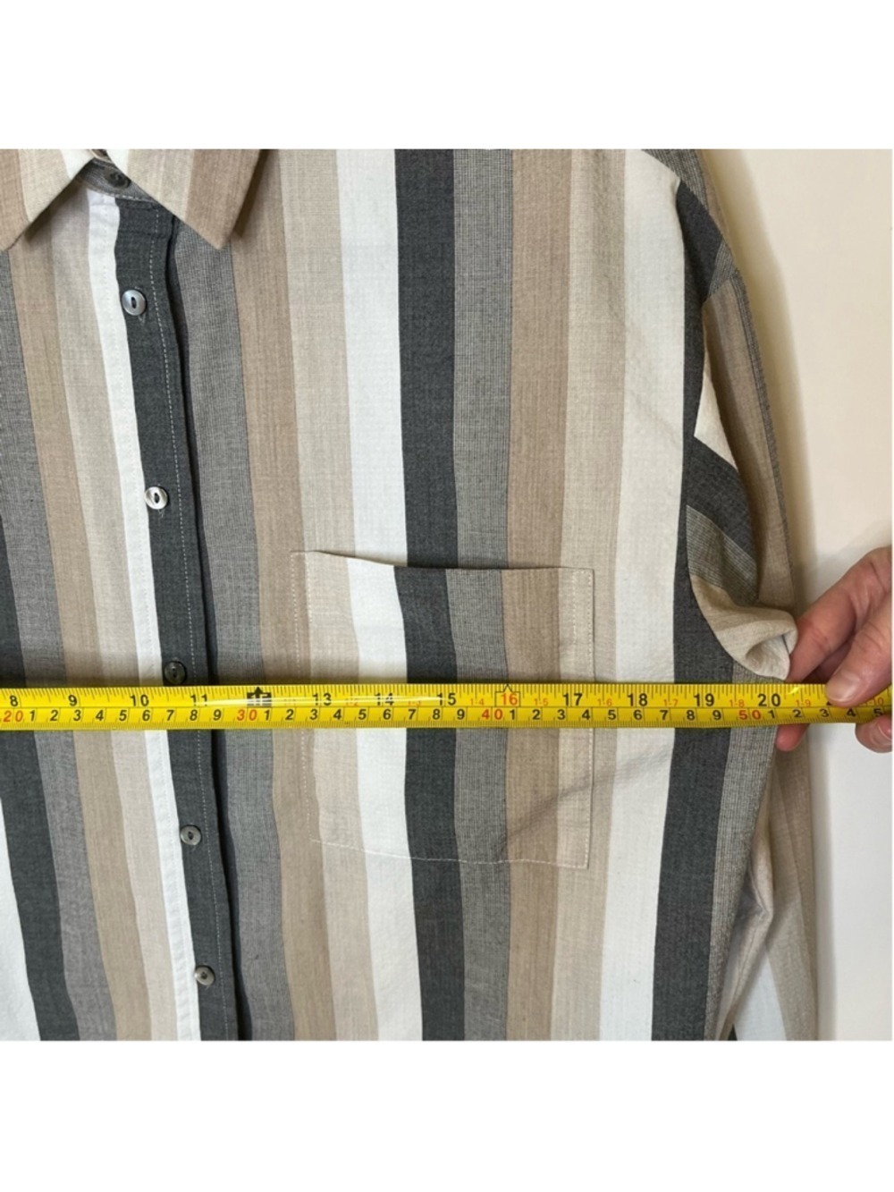 Striped Button Up Long Sleeve Shirt in Neutral Tan, Cream, Faded Black, Small - Picture 12 of 14